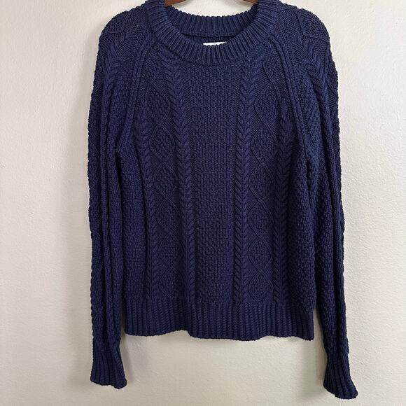 LLBean Signature Women L Cable Knit Fisherman Sweater Navy Blue Cotton - Picture 9 of 15